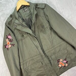 Odyn Women's L Utility Military Jacket Olive Green Floral Embroidery Pockets